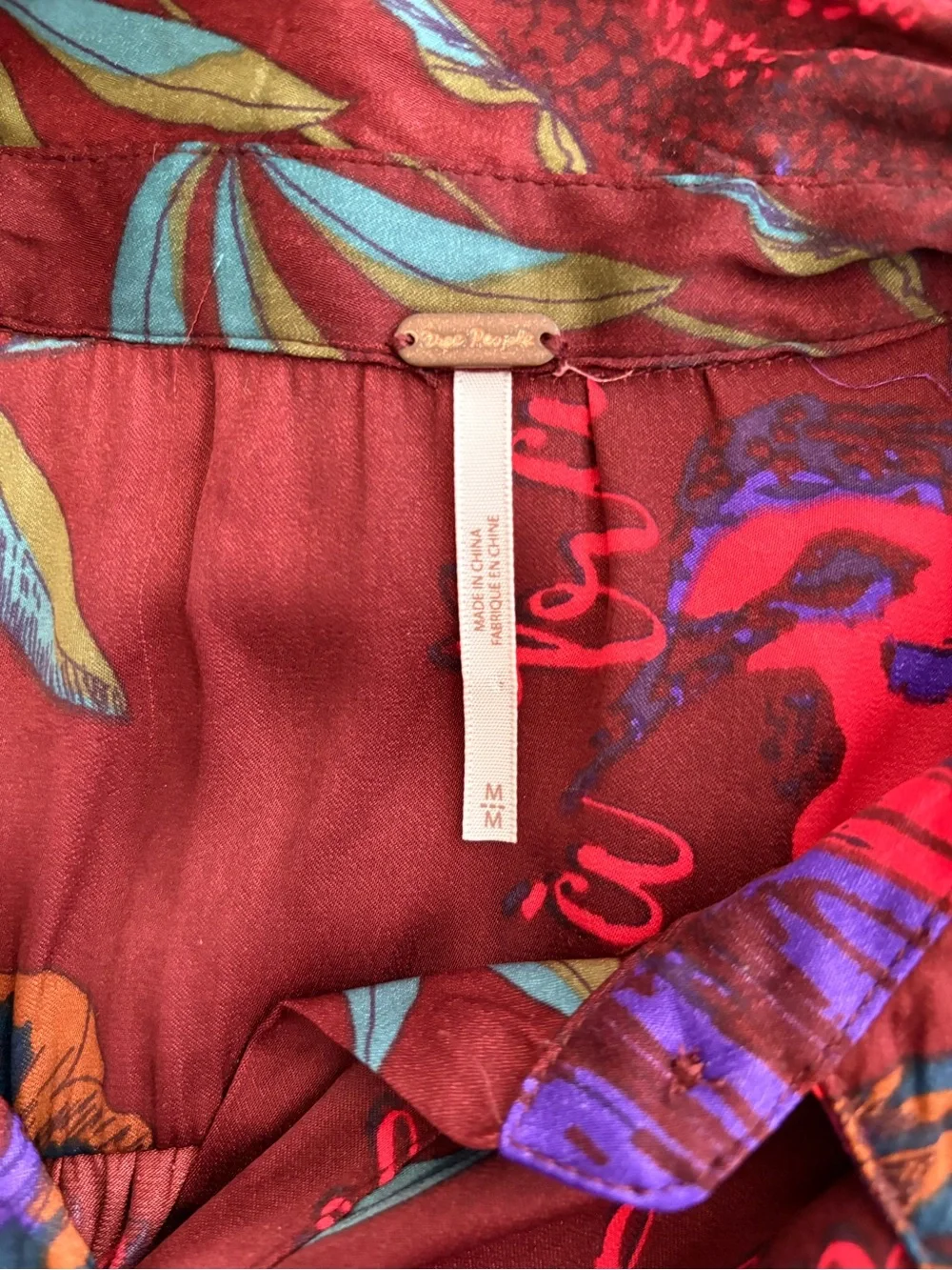 Free People Silky Night Burgundy Blue Floral Print Oversized Button-Down Shirt M